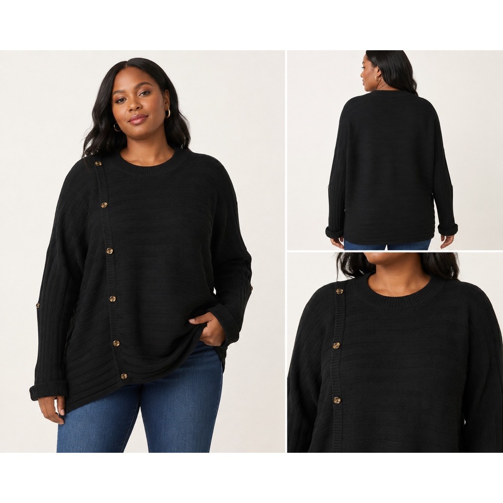 PrettyGarden Womens Black Asymmetrical Button Front Ribbed Knit Sweater XL